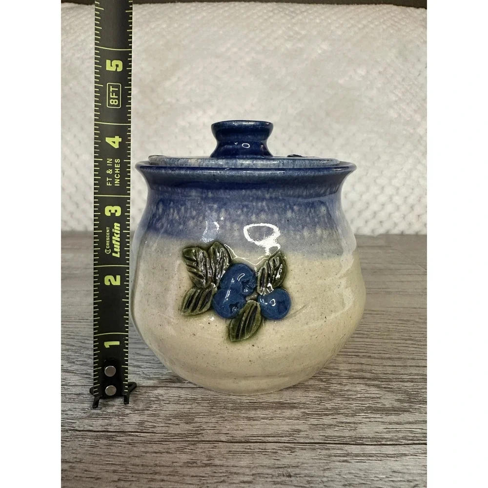Johnson Studio Pottery Blueberry Stoneware Honey Pot with chipped Lid Blue Cream